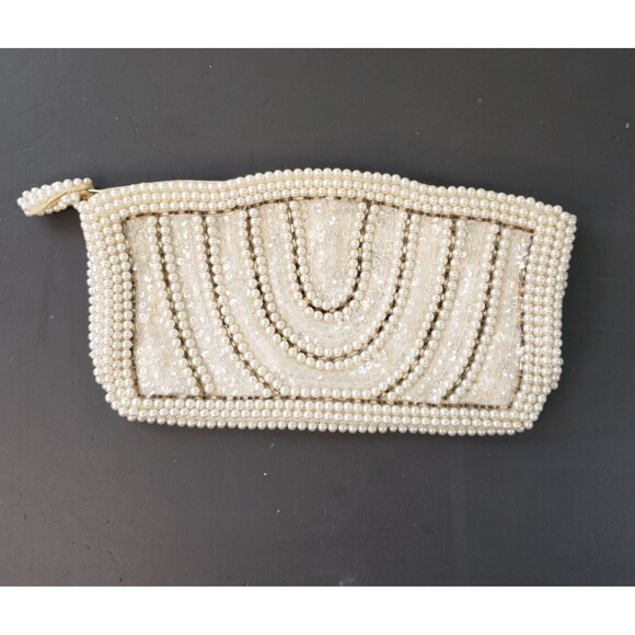 Vintage Beaded Purse Clutch Evening Bag Faux Pearls Sequins Japan White Ivory 8" - Picture 1 of 5